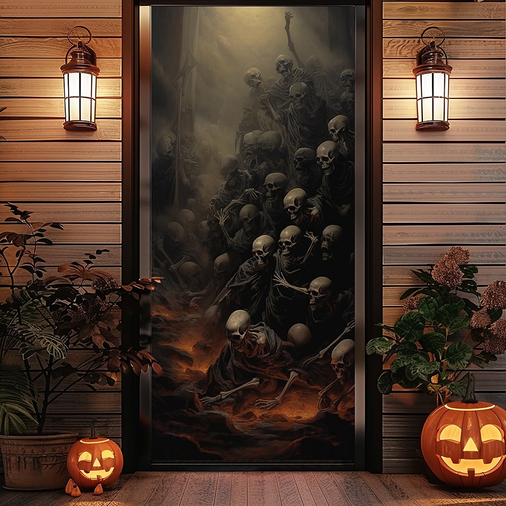 Halloween Window Cover Decorations, Fabric Skull Out of Fire Halloween Curtain Poster Window Door Covering Decor for Haunted House, Scary Halloween Window Clings Decals Indoor Outdoor