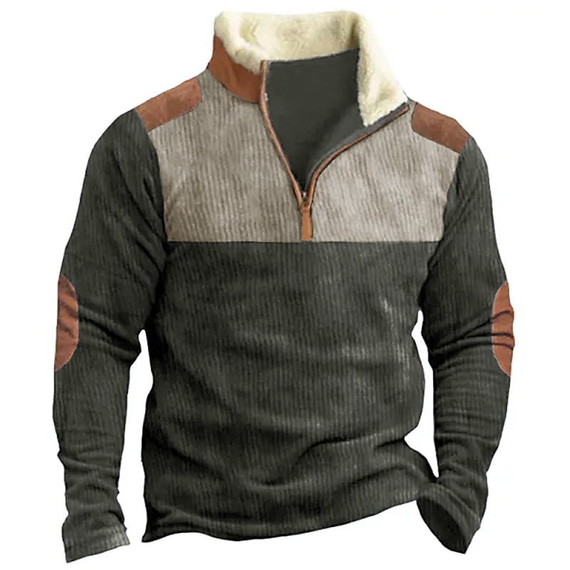 Men's Sweatshirt Zip Sweatshirt Corduroy Sweatshirt Black Blue Brown Half Zip Color Block Patchwork Sports & Outdoor Daily Holiday Fleece Streetwear Casual Thin fleece Fall & Winter Clothing Apparel