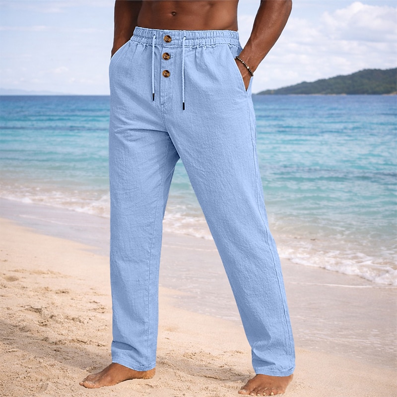Men's Linen Pants Trousers Summer Pants Beach Pants Drawstring Elastic Waist Straight Leg Plain Lightweight Breathable Full Length Casual Daily Beach Vacation Fashion Blue Black Micro-elastic