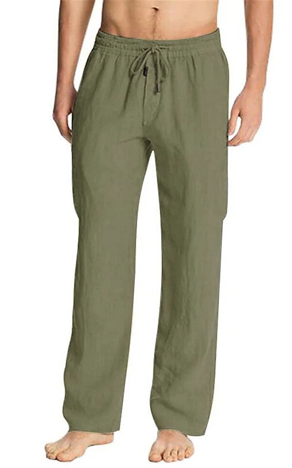 Men's Linen Pants Trousers Summer Pants Beach Pants Pocket Drawstring Plain Breathable Lightweight Full Length Casual Beach Yoga Basic Loose Fit ArmyGreen Black Micro-elastic