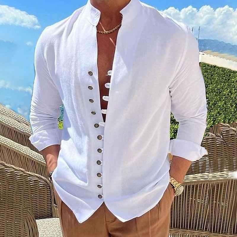 Men's Linen Shirt Shirt Button Up Shirt Casual Shirt Summer Shirt Black White Pink Long Sleeve Plain Band Collar Summer Spring &  Fall Daily Vacation Clothing Apparel