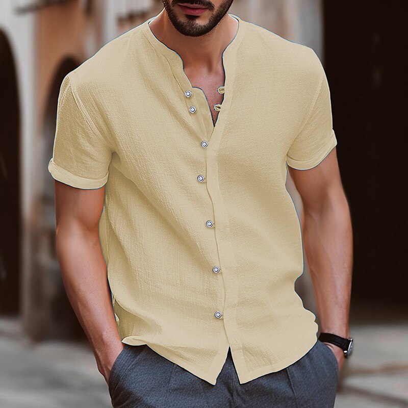 Men's Shirt Linen Shirt Summer Shirt Beach Shirt Black White Blue Short Sleeve Plain Band Collar Summer Casual Daily Clothing Apparel