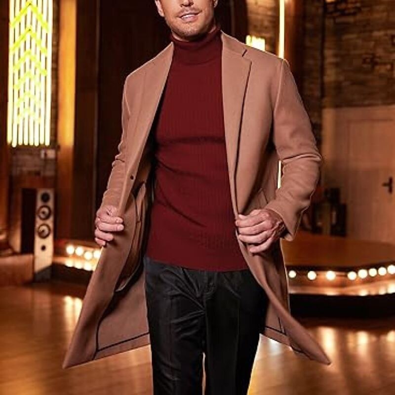 Men's Sweater Pullover Ribbed Cable Knit Cropped Knitted Solid Color Turtleneck Keep Warm Modern Contemporary Work Daily Wear Clothing Apparel Fall & Winter Camel Wine M L XL