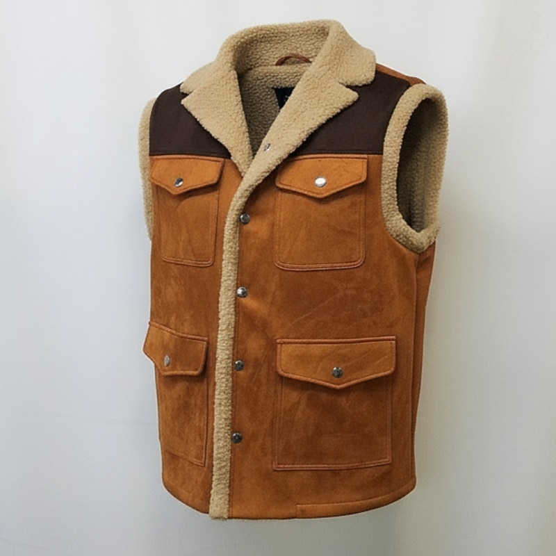Men's Faux Suede Vest Fleece Vest Outdoor Casual Daily Fashion Retro Fall Winter Pocket  Thermal Warm Comfortable Color Block Zipper Lapel Regular Fit Brown Vest