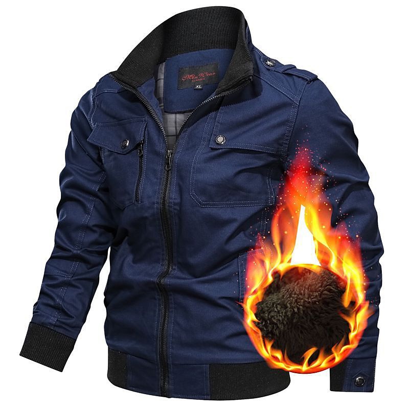 Men's Winter Jacket Bomber Jacket Fleece Jacket Outdoor Daily Wear Warm Pocket Fall Winter Plain Fashion Streetwear Stand Collar Regular Black Wine Khaki Army Green Dark Blue Jacket