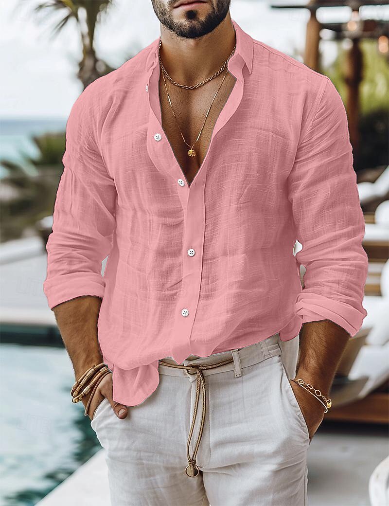 Men's Shirt Linen Shirt Summer Shirt Beach Wear Button Up Shirt Plain Casual Daily Black White Pink Blue Long Sleeve Collar Spring & Summer Clothing Apparel
