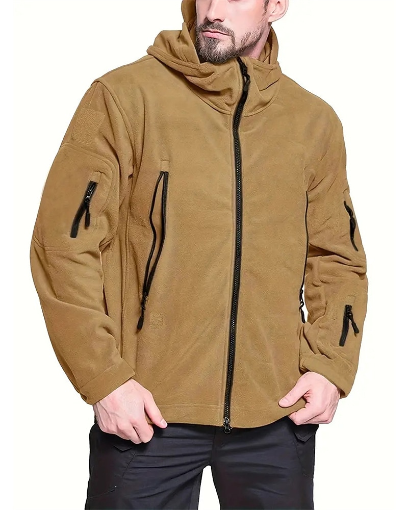 Men's Fleece Jacket Military Jacket Tactical Jacket Daily Vacation Thermal Warm Pocket Fleece Fall & Winter Plain Fashion Streetwear Hooded Regular Black Khaki Army Green Gray Jacket