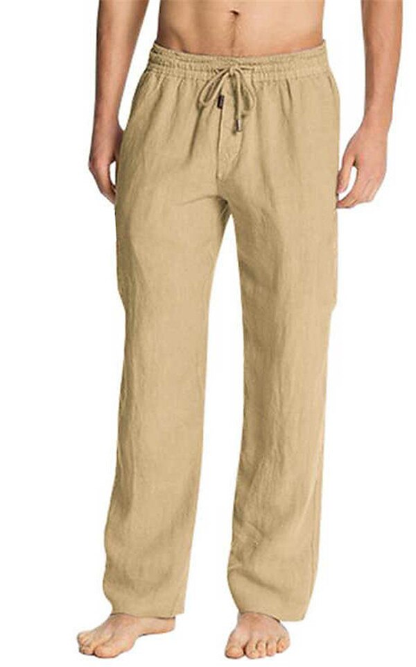 Men's Linen Pants Trousers Summer Pants Beach Pants Pocket Drawstring Plain Breathable Lightweight Full Length Casual Beach Yoga Basic Loose Fit ArmyGreen Black Micro-elastic