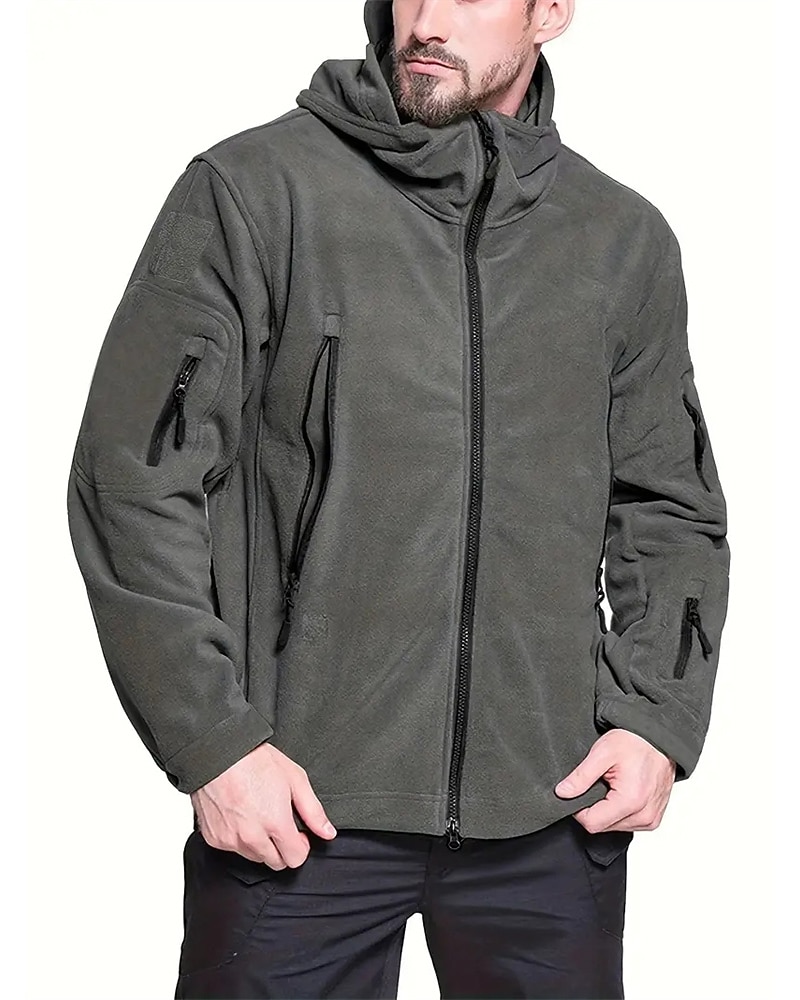 Men's Fleece Jacket Military Jacket Tactical Jacket Daily Vacation Thermal Warm Pocket Fleece Fall & Winter Plain Fashion Streetwear Hooded Regular Black Khaki Army Green Gray Jacket