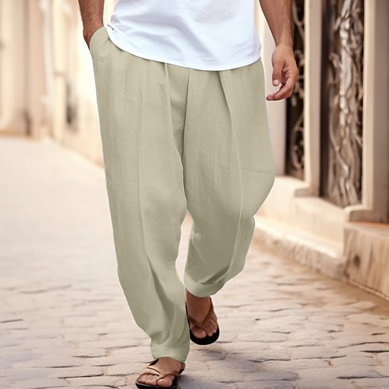 Men's Summer Tapered Carrot Beach Front Pocket Pleats Plain Comfort Breathable Casual Daily Holiday Linen / Cotton Blend Fashion Basic Linen Pants