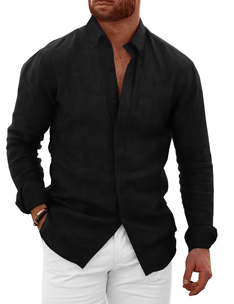 Men's Shirt Linen Shirt Summer Shirt Beach Wear Button Up Shirt Plain Vacation Casual Black White Blue Brown Long Sleeve Button Down Collar Spring & Summer Clothing Apparel