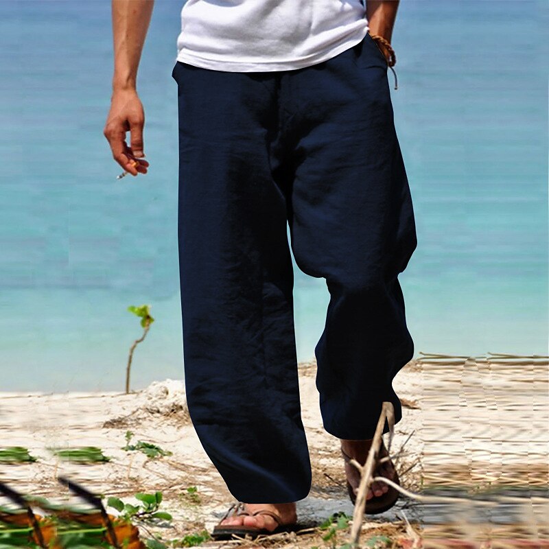 Men's Summer Beach Elastic Waist Wide Leg Straight Leg Plain Breathable Soft Casual Daily Beach Linen / Cotton Blend Fashion Streetwear Loose Fit Linen Pants