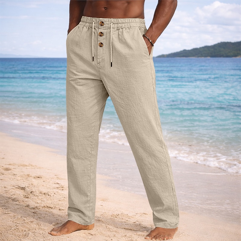 Men's Linen Pants Trousers Summer Pants Beach Pants Drawstring Elastic Waist Straight Leg Plain Lightweight Breathable Full Length Casual Daily Beach Vacation Fashion Blue Black Micro-elastic