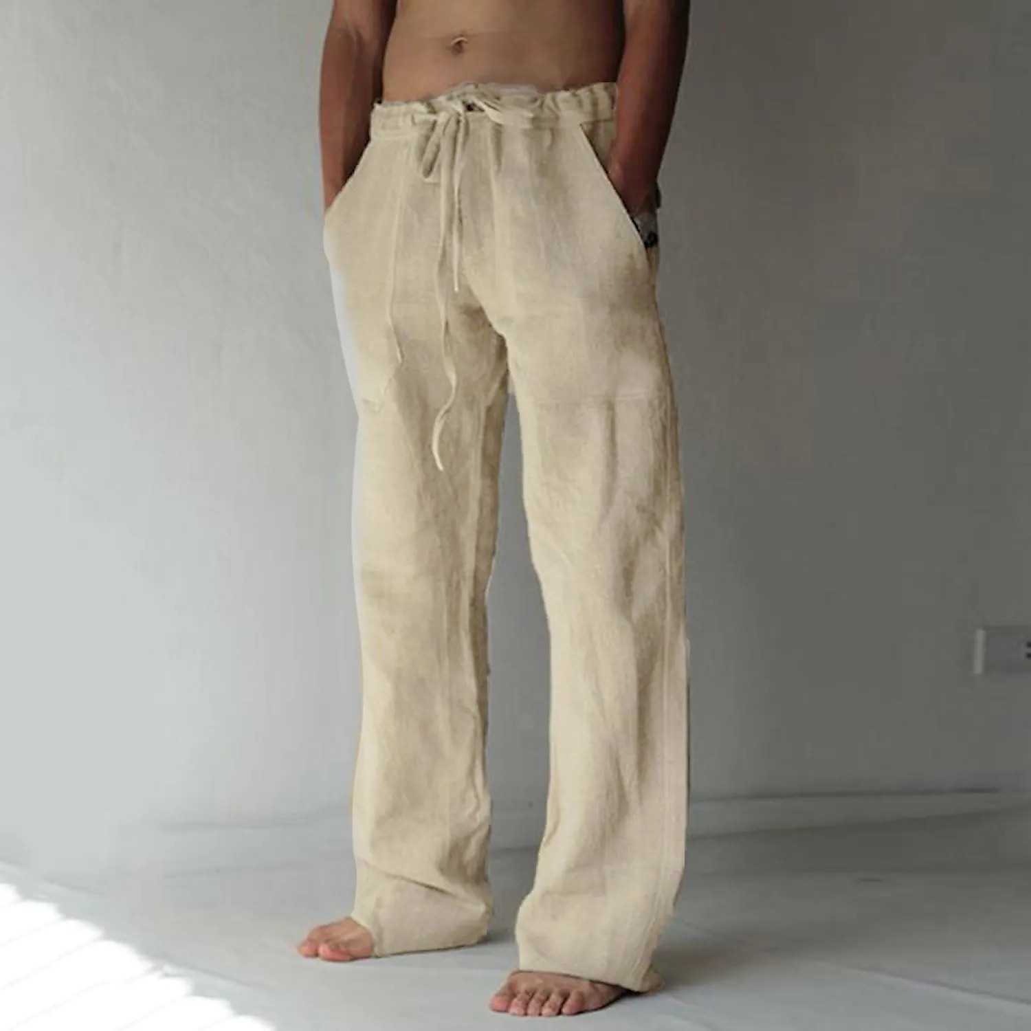 Men's Linen Pants Trousers Summer Pants Beach Pants Pocket Drawstring Elastic Waist Plain Daily Streetwear Linen / Cotton Blend Fashion Casual Black White