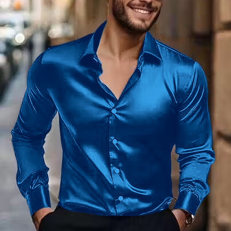 Men's Shirt Satin Shirt Dress Shirt Casual Shirt Button Up Shirt Plain Formal Wedding Black Blue Dark Purple Long Sleeve Lapel Spring &  Fall All Seasons Clothing Apparel