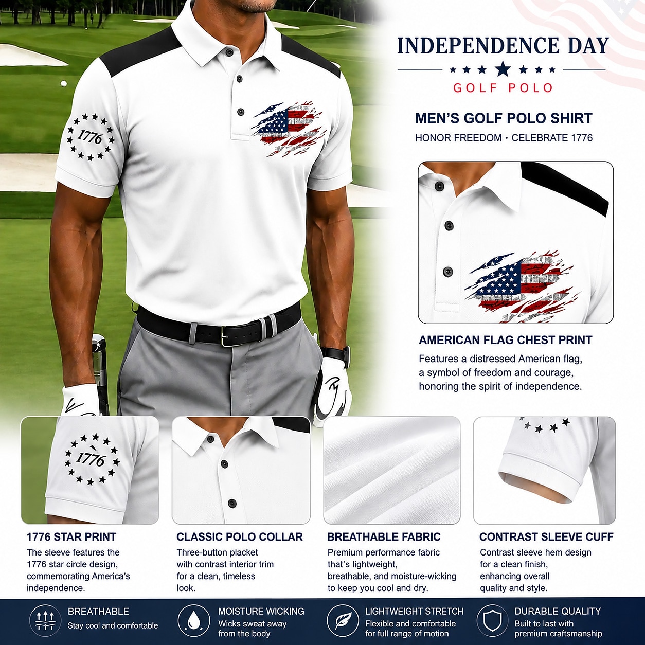4th of July 2026 250th Men's American US Flag Golf Sports Polo Shirts Short Sleeve Polo Shirts Collared Shirts Casual Athleisure Buttons Spring & Summer Blue White Red