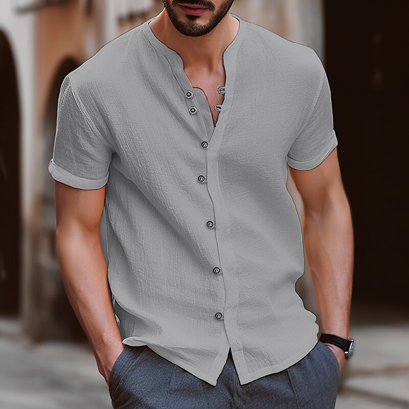 Men's Shirt Linen Shirt Summer Shirt Beach Shirt Black White Blue Short Sleeve Plain Band Collar Summer Casual Daily Clothing Apparel