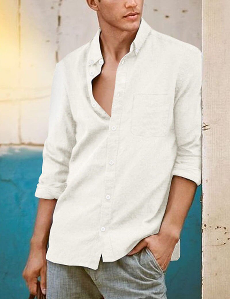 Men's Shirt Linen Shirt Summer Shirt Beach Wear Button Up Shirt Plain Vacation Casual Black White Blue Brown Long Sleeve Button Down Collar Spring & Summer Clothing Apparel