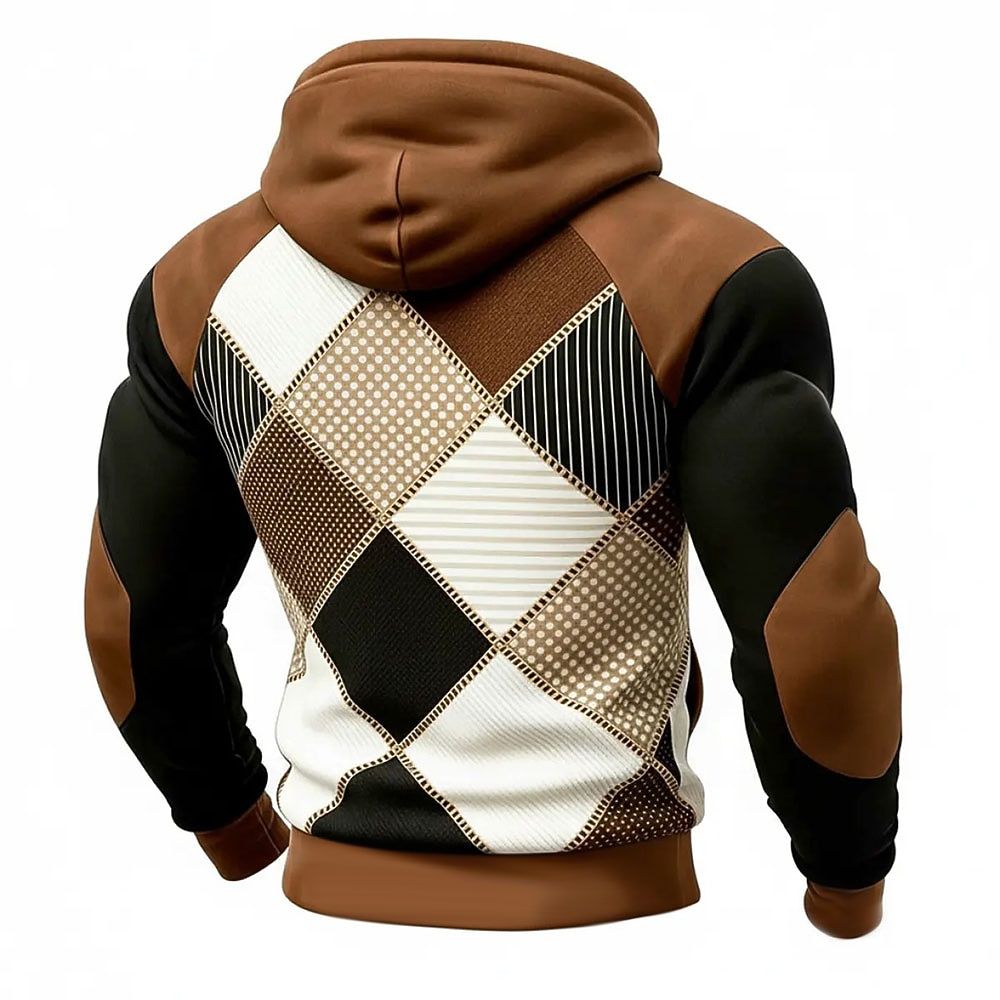 Men's Geometric Plaid Hoodie Sweatshirt Fashion Daily Crew Neck Home Streetwear Party Blue Brown Green Gray Drawstring Fall Winter Designer S M L XL XXL XXXL