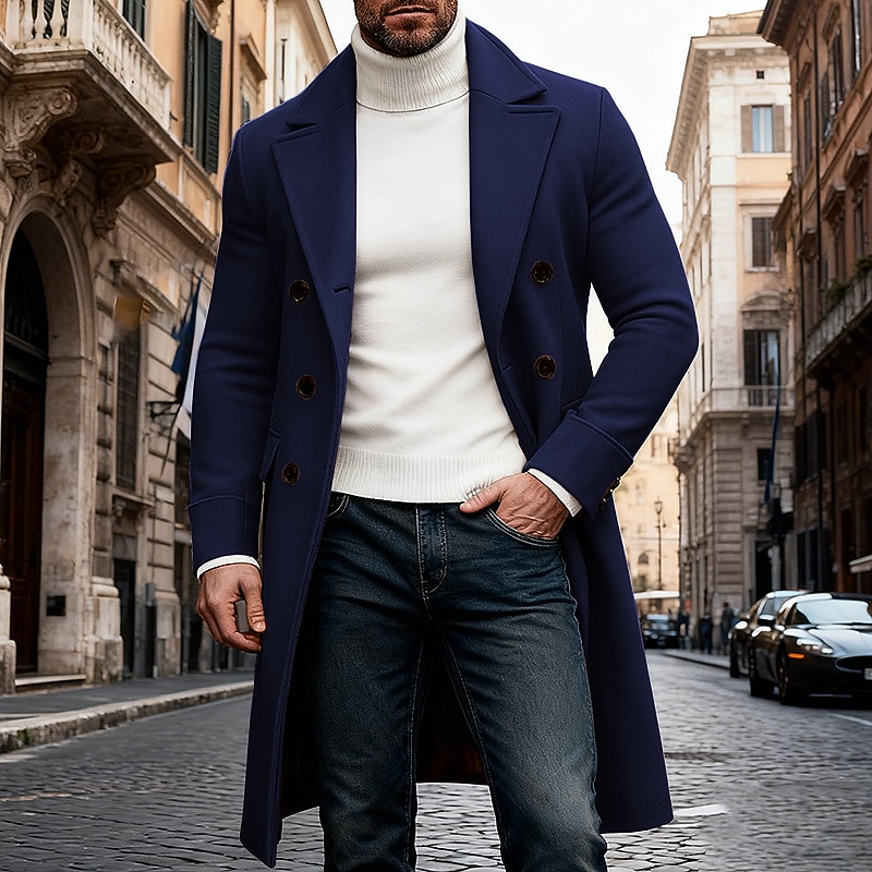 Men's Winter Coat Overcoat Long Trench Coat Trench Coat Outdoor Casual Fall Winter  Thermal Warm Outerwear Clothing Apparel Classic Plain Pocket Notch lapel collar