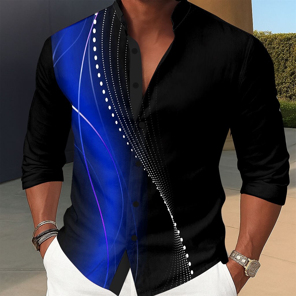 Men's Geometric Gradient Waves Shirt Stand Collar Shirt Long Sleeve Fashion Casual Dailywear Holiday Spring Fall Mandarin Collar Band Collar 3D Print Button Up Shirts Red Blue Purple Green