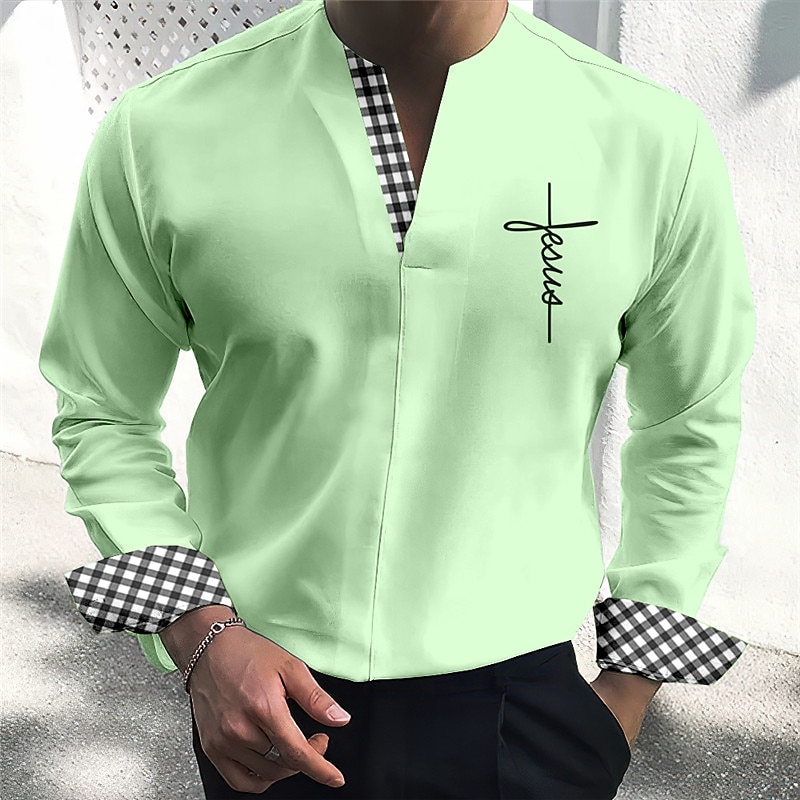 Men's Shirt Plaid / Check Graphic Prints Cross V Neck Blue Green Khaki Light Blue Gray Outdoor Street Long Sleeve Print Clothing Apparel Fashion Streetwear Designer Casual