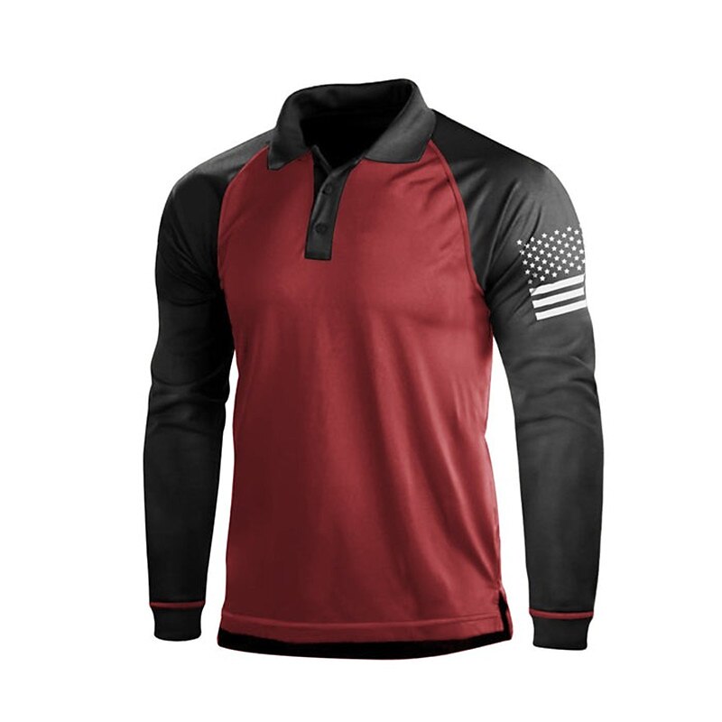 National Flag Casual Men's 3D Print Golf Polo Outdoor Casual Daily Streetwear Polyester Long Sleeve Turndown Polo Shirts Black Wine Dark Navy Fall & Winter S M L Micro-elastic Lapel Polo