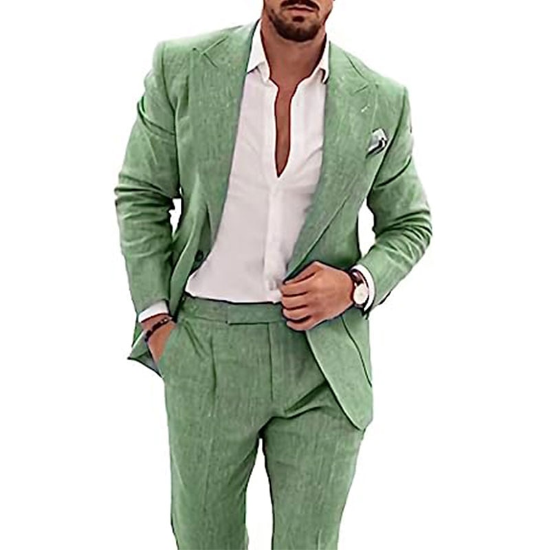 Men's Beach Wedding Summer Solid Colored Tailored Fit Single Breasted One-button 2024 Champagne Linen Suits