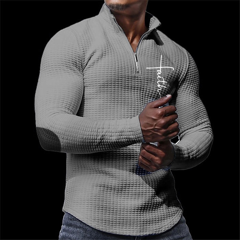 Cross Business Men's 3D Print Waffle Polo Shirt Golf Polo Outdoor Casual Daily Streetwear Polyester Waffle Fabric Long Sleeve Turndown Zip Polo Shirts Black White Apricot Fall & Winter S M L Lapel