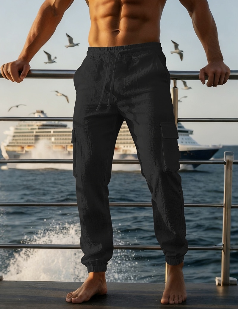 Men's Cargo Pants Linen Pants Trousers Summer Pants Beach Pants Drawstring Elastic Waist Multi Pocket Plain Comfort Breathable Daily Outdoor Beach Vacation Fashion Black White Inelastic