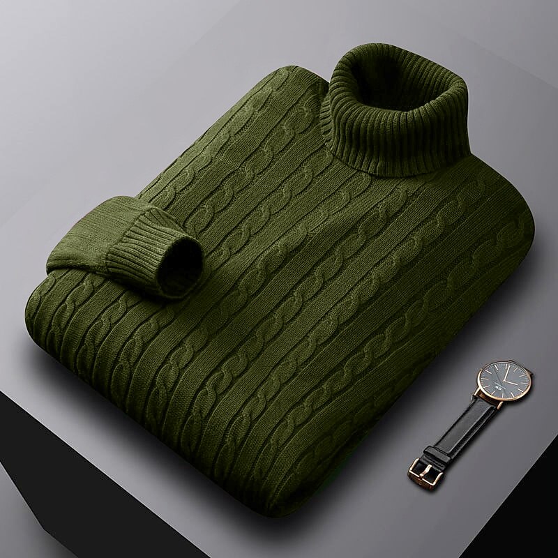 Men's Sweater Pullover Ribbed Cable Knit Cropped Knitted Solid Color Turtleneck Keep Warm Modern Contemporary Work Daily Wear Clothing Apparel Fall & Winter Camel Wine M L XL