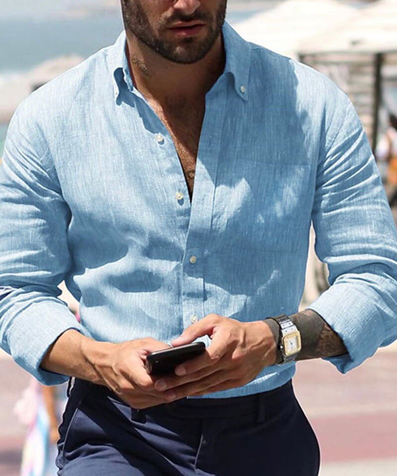 Men's Shirt Linen Shirt Summer Shirt Beach Wear Button Up Shirt Plain Vacation Casual Black White Blue Brown Long Sleeve Button Down Collar Spring & Summer Clothing Apparel