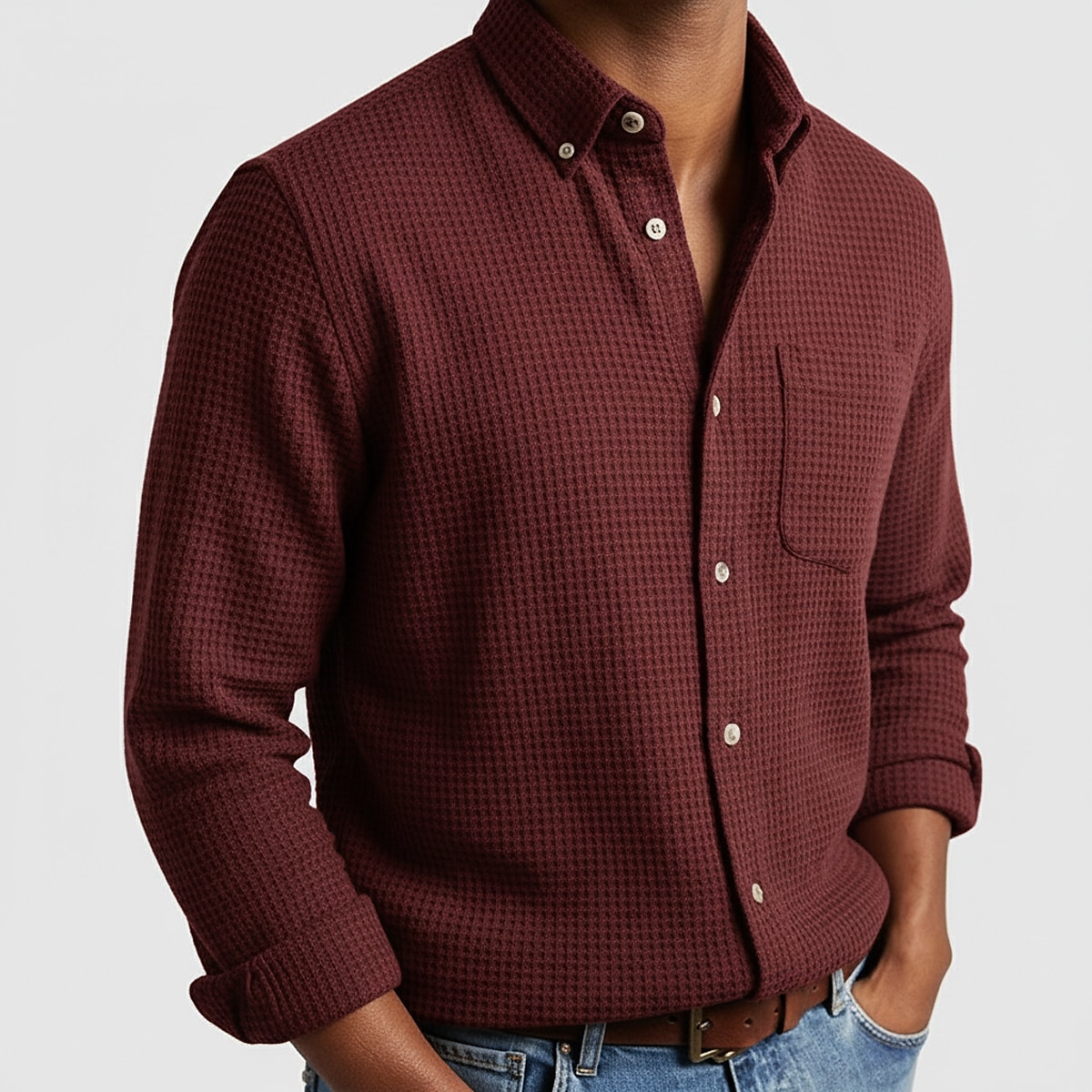 Men's Shirt Waffle Shirt Casual Shirt Band Collar Shirt Button Up Shirt Pink Wine Navy Blue Blue Long Sleeve Plain Textured Mandarin Collar Casual Daily Front Pocket Clothing Apparel Fashion Modern