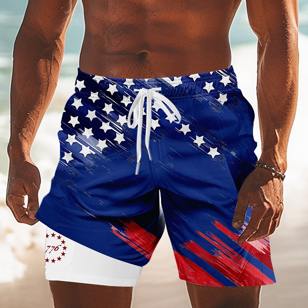 Independence Day Men's US Flag Patriotic Fourth of July Lined Shorts 2 in 1 Board Shorts Swim Shorts Mid Waist Holiday Side Pockets With Compression Liner Elastic Drawstring Waist Designer Clothing
