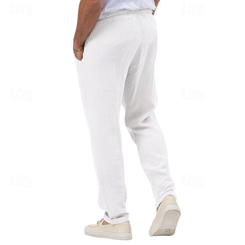 Men's Trousers Beach Shorts Casual Pants Seersucker Pants Drawstring Elastic Waist Straight Leg Plain Comfort Breathable Daily Holiday Vacation Fashion Casual Black White