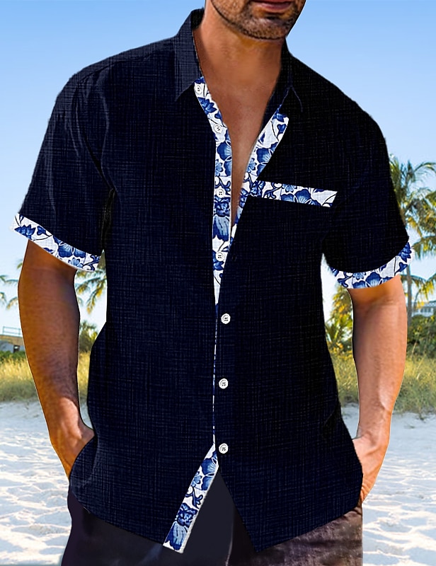 Men's Linen Shirt Casual Shirt Summer Shirt Beach Shirt Black White Pink Short Sleeve Plain Lapel Spring & Summer Hawaiian Holiday Clothing Apparel Front Pocket