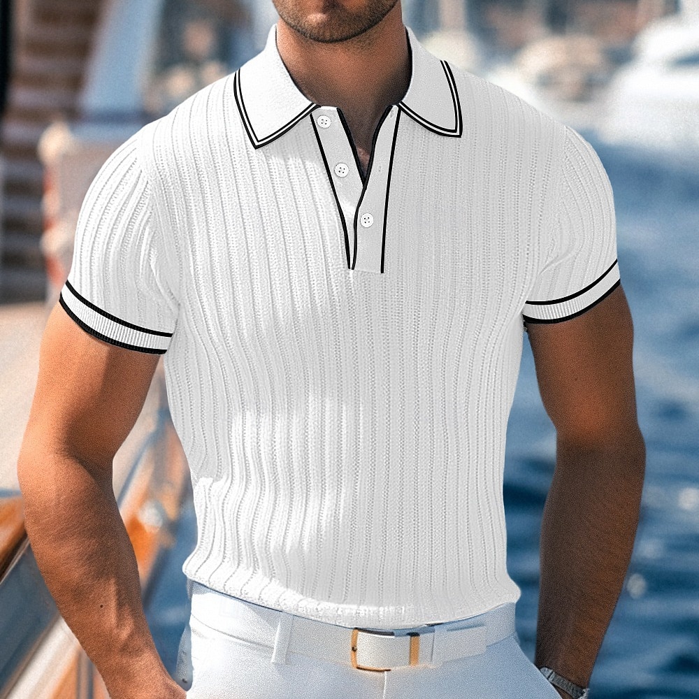 Men's Polo Shirt Golf Shirt Work Casual Lapel Ribbed Polo Collar Short Sleeve Basic Modern Color Block Patchwork Button Spring & Summer Regular Fit Light Blue White Burgundy Navy Blue Gray Polo Shirt