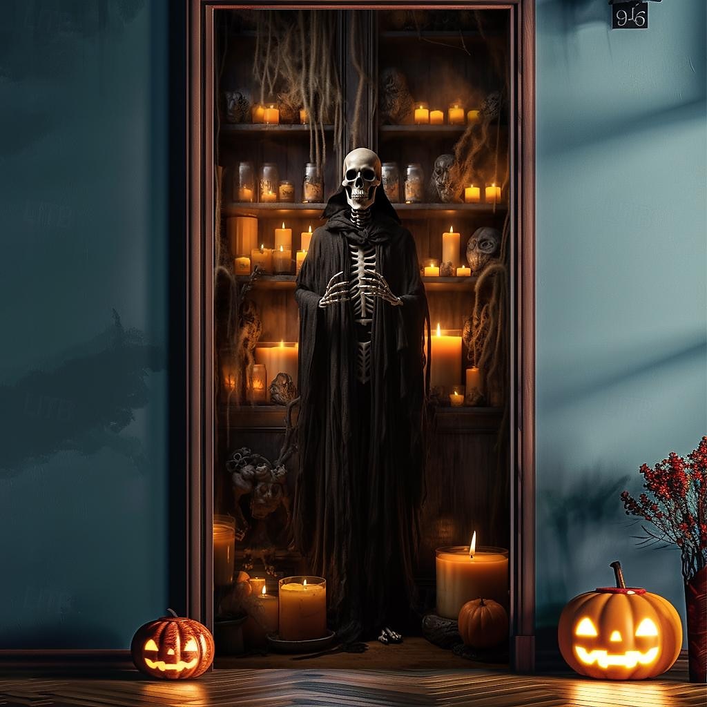 Halloween Window Cover Decorations, Fabric Skull Out of Fire Halloween Curtain Poster Window Door Covering Decor for Haunted House, Scary Halloween Window Clings Decals Indoor Outdoor