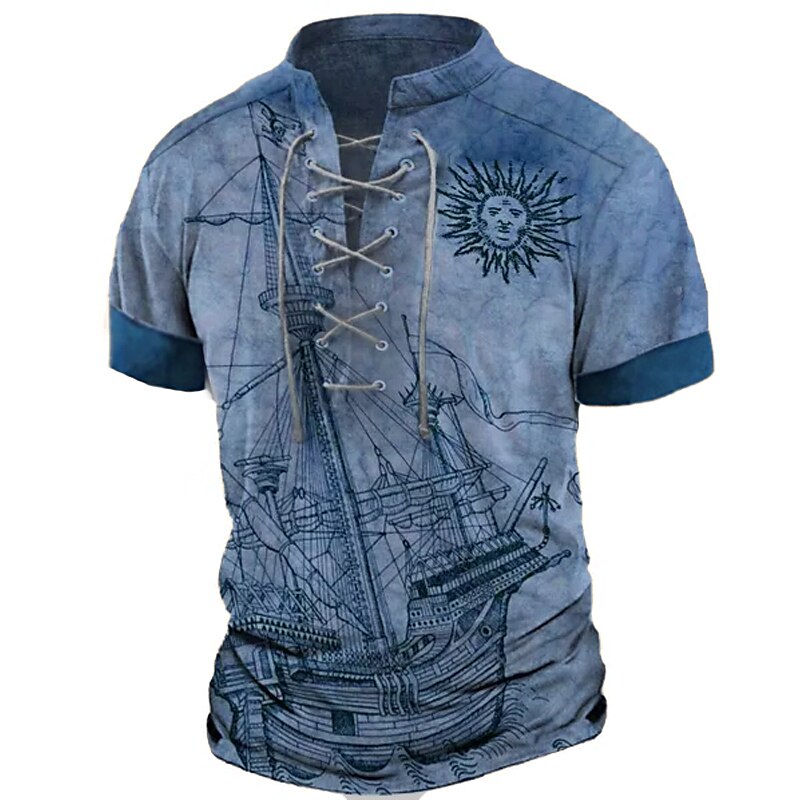 Mens Summer Cotton | Sailboat And Sun Graphic World Map Stand Collar Clothing Apparel 3D Print Daily Sports Short Sleeve Fashion Designer T-Shirt