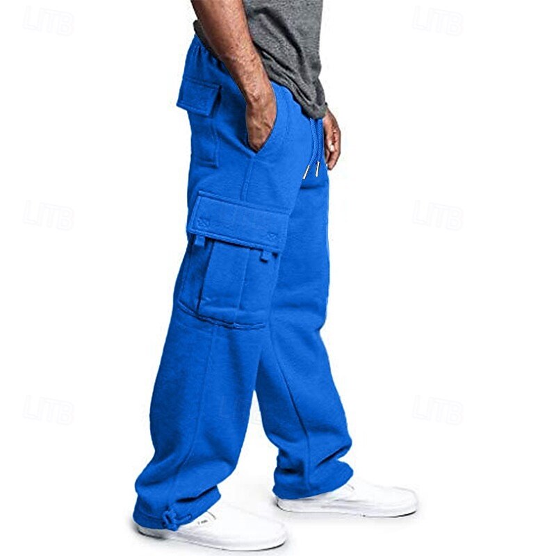 Men's Fleece Pants Sweatpants Joggers Trousers Cargo Sweatpants Drawstring Elastic Waist Multi Pocket Solid Color Windproof Outdoor Full Length Casual Daily Fashion Streetwear Loose Fit Black White