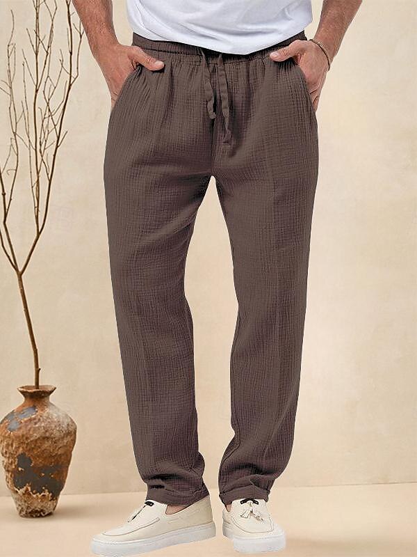 Men's Trousers Beach Shorts Casual Pants Seersucker Pants Drawstring Elastic Waist Straight Leg Plain Comfort Breathable Daily Holiday Vacation Fashion Casual Black White