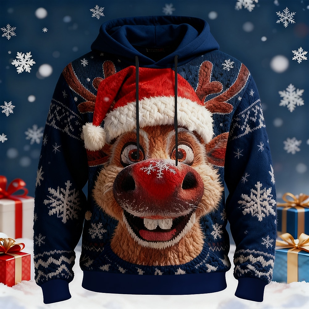 Christmas Men's Elk Hoodie Sweatshirt Fashion Daily Casual Long Sleeve Crew Neck Hooded Home Party Gift Blue Red Purple Green Drawstring Fall Winter Designer S M L XL XXL XXXL
