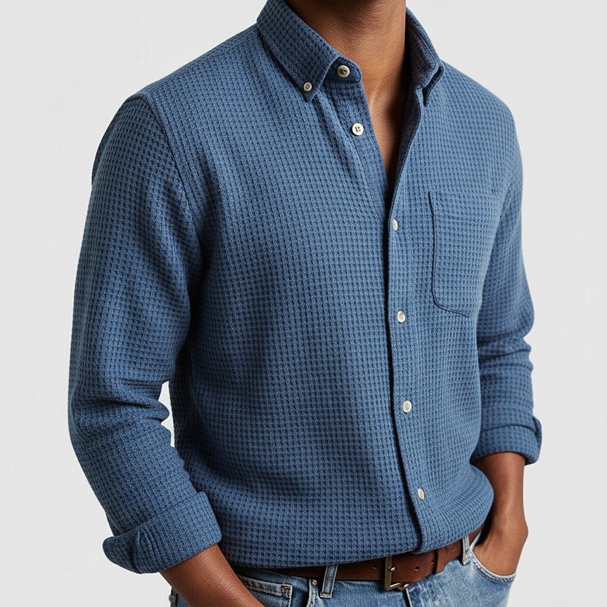 Men's Shirt Waffle Shirt Casual Shirt Band Collar Shirt Button Up Shirt Pink Wine Navy Blue Blue Long Sleeve Plain Textured Mandarin Collar Casual Daily Front Pocket Clothing Apparel Fashion Modern