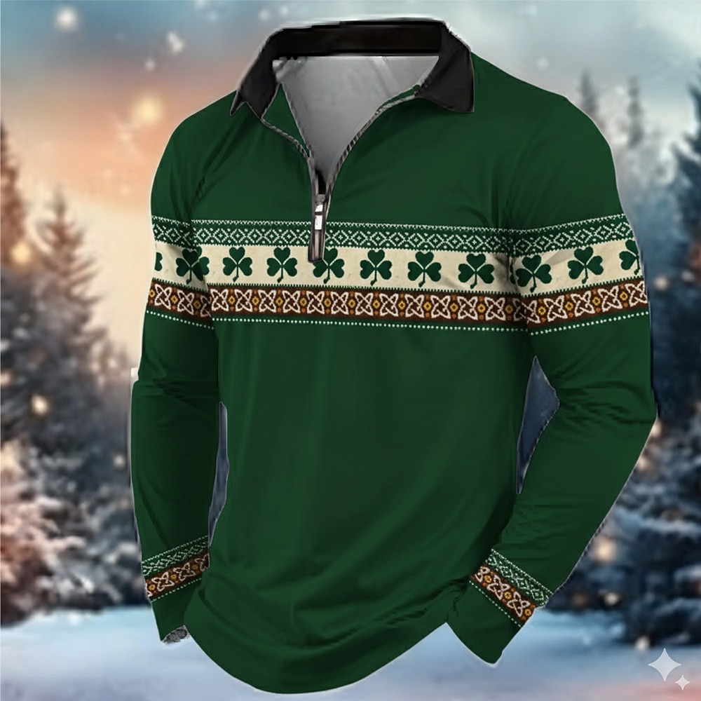 St Patrick's Day Men's Shamrock Polo Long Sleeve Turndown Modern Leisure Athleisure Casual Daily Festival Zipper 3D Print Spring Fall Black White Green