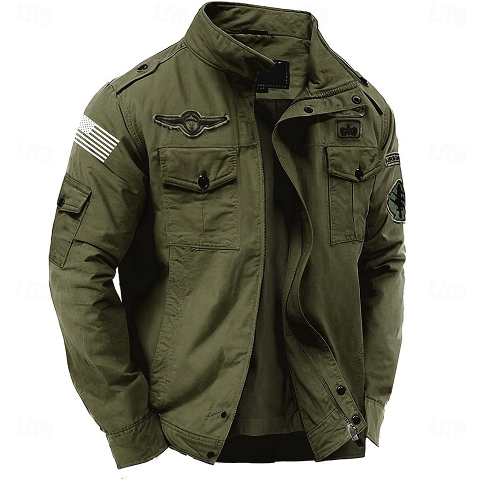Men's Cotton Embroidered Military Jacket with Shoulder Straps Long Sleeve Standing Collar Multi-Pockets Trucker Jacket US Flag Print Tactical Outerwear