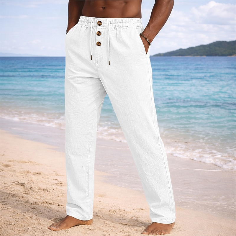 Men's Linen Pants Trousers Summer Pants Beach Pants Drawstring Elastic Waist Straight Leg Plain Lightweight Breathable Full Length Casual Daily Beach Vacation Fashion Blue Black Micro-elastic