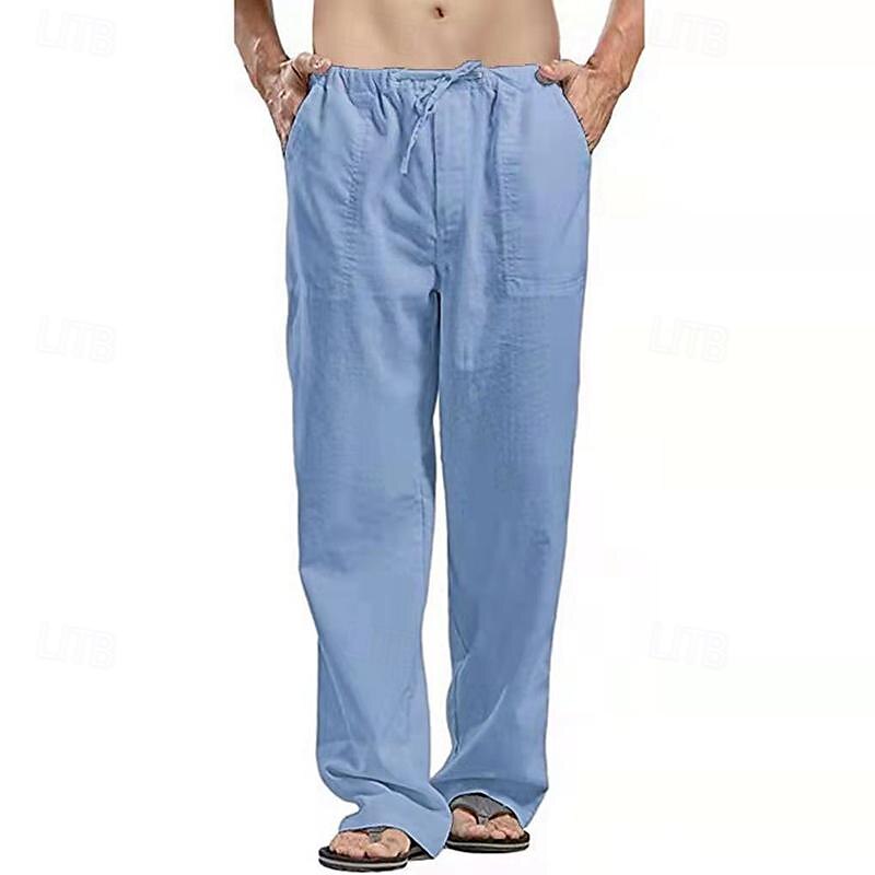 Men's Linen Pants Trousers Summer Pants Beach Pants Pocket Drawstring Elastic Waistband Plain Comfort Breathable Full Length Daily Streetwear Fashion Casual / Sporty Loose Fit Dark Khaki Black