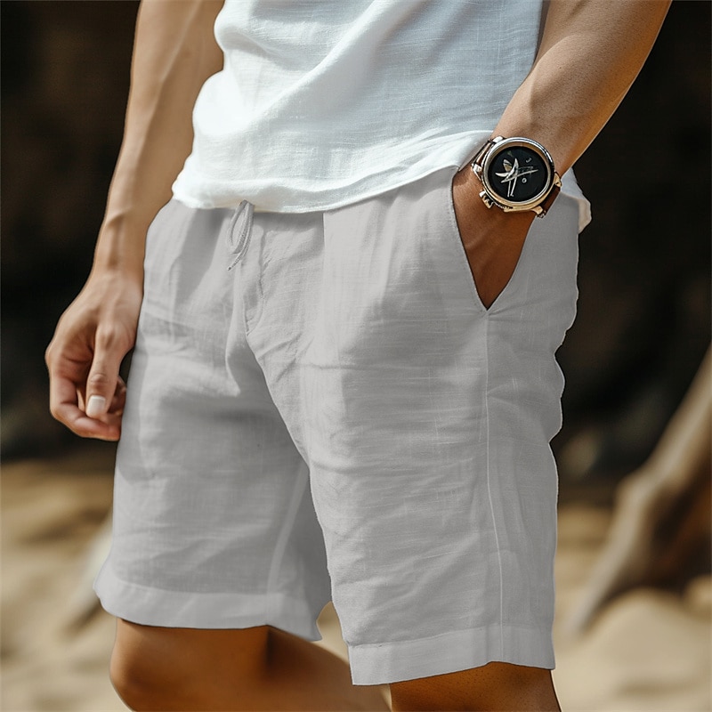 Men's Shorts Linen Shorts Summer Shorts Pocket Drawstring Elastic Waist Plain Comfort Breathable Short Casual Daily Holiday Fashion Classic Style Black White