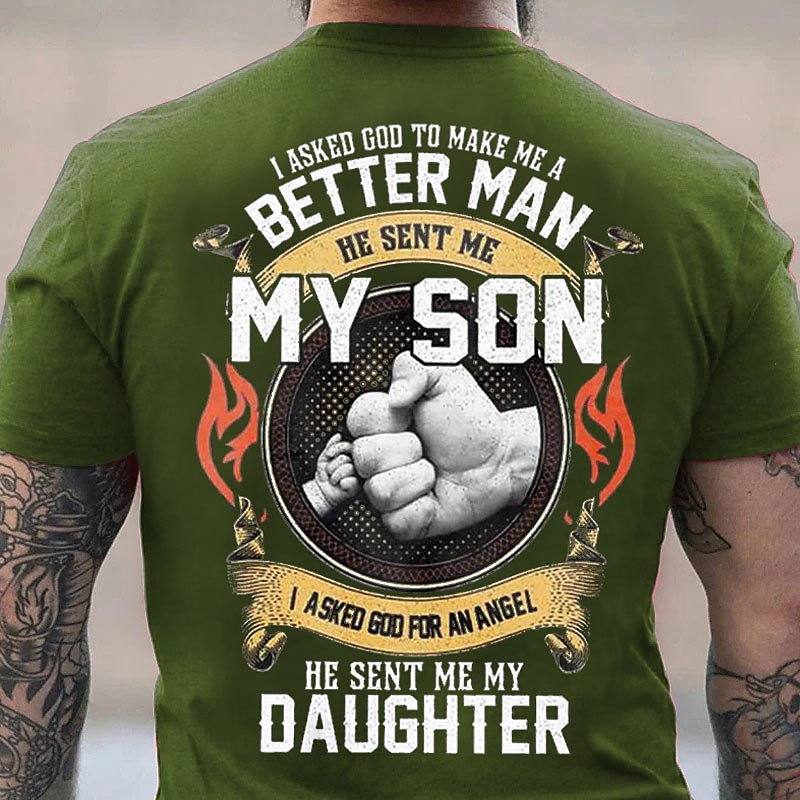 Father's Day papa shirts Mens Graphic Shirt Tee Letter Hand Crew Neck Clothing Apparel 3D Print Outdoor Daily Short Sleeve Fashion Designer Vintage Asked God To Make Better Man Sent My Son Daughter