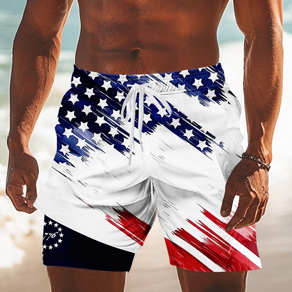 Independence Day Men's US Flag Patriotic Fourth of July Lined Shorts 2 in 1 Board Shorts Swim Shorts Mid Waist Holiday Side Pockets With Compression Liner Elastic Drawstring Waist Designer Clothing